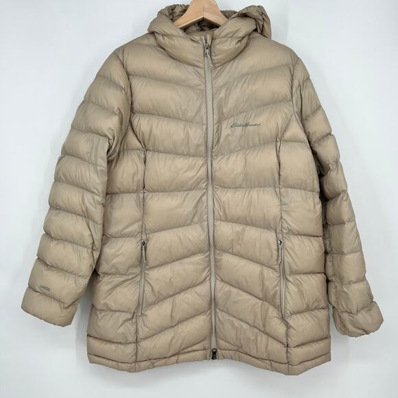 Eddie Bauer Chevron Down Parka EB650 Women XL Beige Tan Puffer Coat Packable - Picture 1 of 11